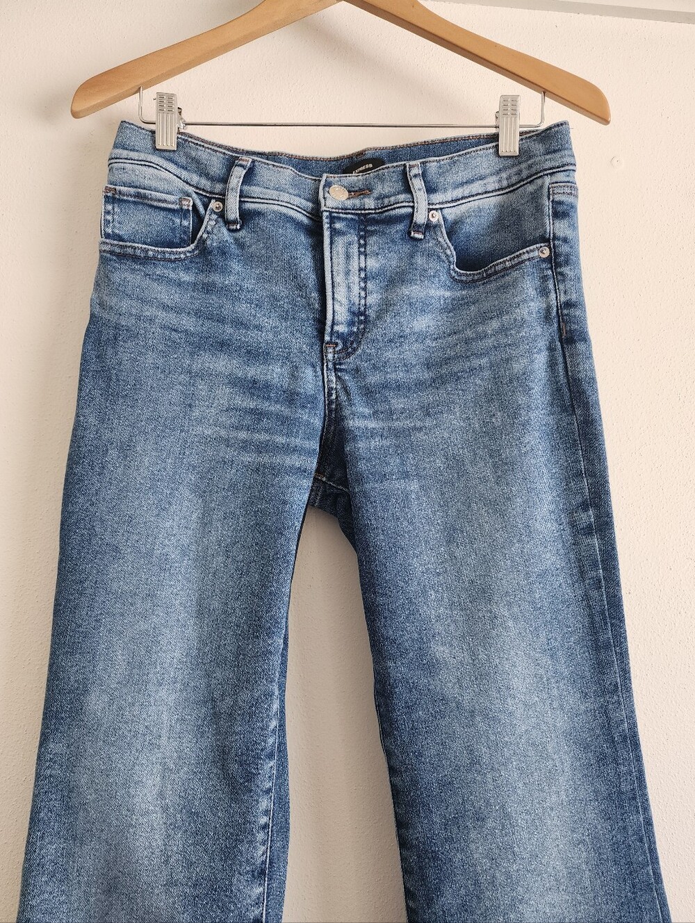 Express 70s Flare Jeans Mid Rise Blue Denim Boho Retro Stretch Size 8R Women - Picture 6 of 14